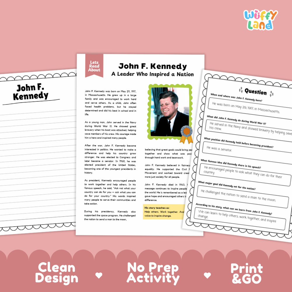 A printable educational worksheet set about John F. Kennedy, shown on a pink background.