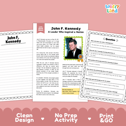 A printable educational worksheet set about John F. Kennedy, shown on a pink background.