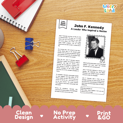 A printed educational worksheet about John F. Kennedy titled 'John F.