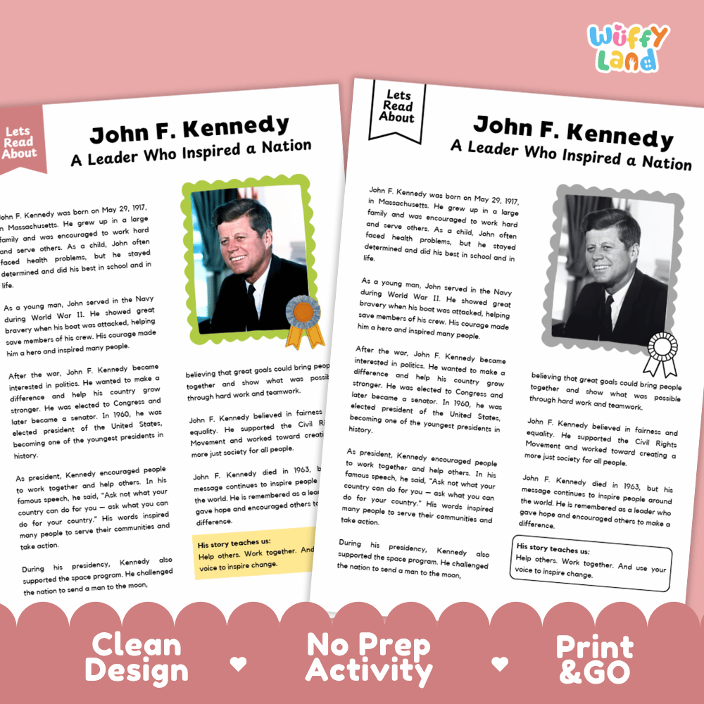 Two educational activity sheets about John F. Kennedy from the brand Wiffly Land, displayed on a pink background.