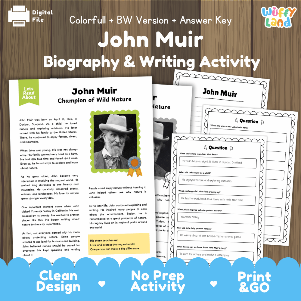 John Muir Biography Reading Passage and Writing Activity Worksheets