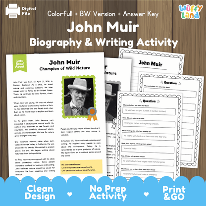 John Muir Biography Reading Passage and Writing Activity Worksheets