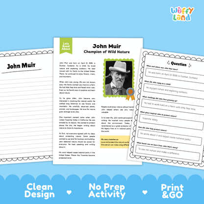 John Muir Biography Reading Passage and Writing Activity Worksheets