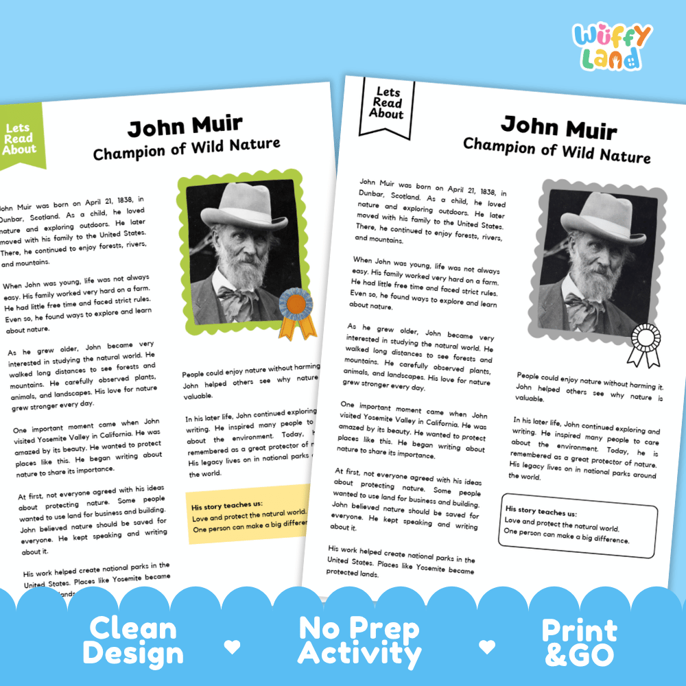 John Muir Biography Reading Passage and Writing Activity Worksheets