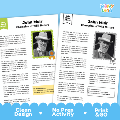 John Muir Biography Reading Passage and Writing Activity Worksheets