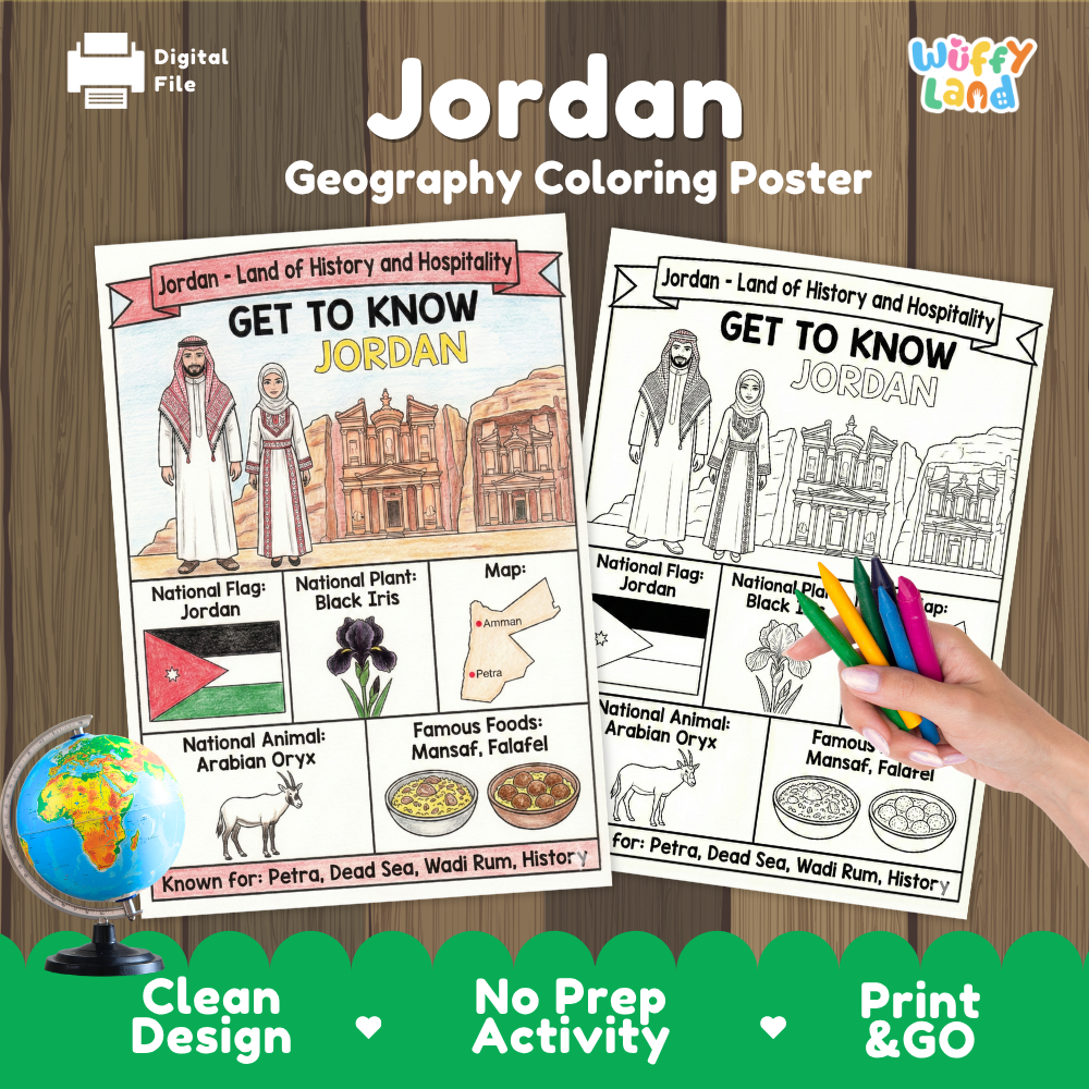 Get to know Jordan coloring poster paired with photo flashcards of Dead Sea, Mansaf dish, Roman Amphitheatre, and Petra Monastery