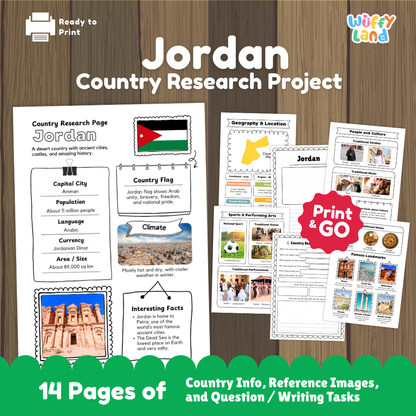 Student country research worksheet on Jordan featuring national flag, Amman capital facts, desert climate, and geography map