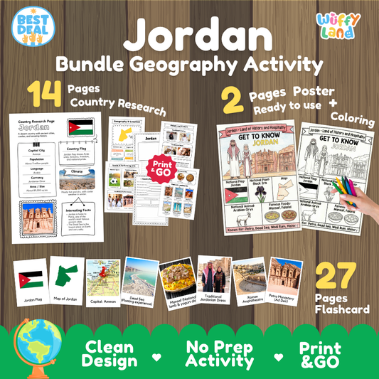 Jordan geography activity bundle cover showing 14 country research pages, 2 ready to use coloring posters, and 27 photo flashcards