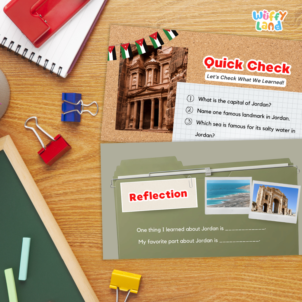 An educational activity sheet titled 'Quick Check' and 'Reflection' about Jordan, displayed on a wooden desk alongside school supplies like a spiral notebook, binder clips, chalk, and a green board. The sheet features a photo of the Jordanian Al-Aqsa monument and a reflection section with writing prompts.