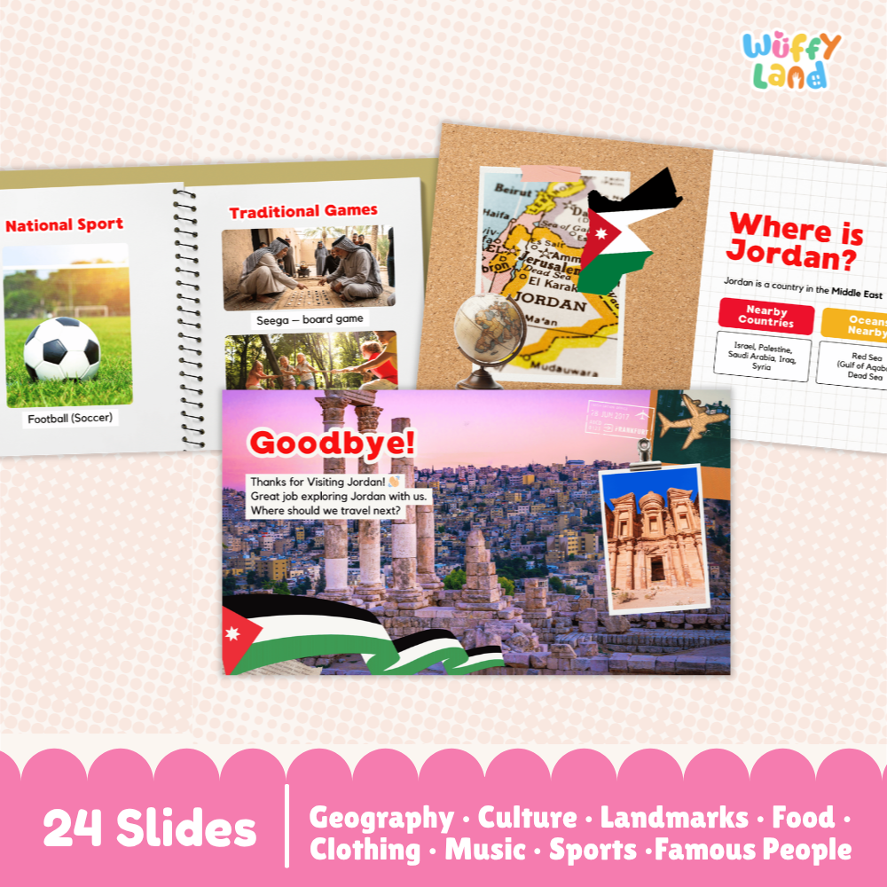 A children's educational travel poster set about Jordan from the brand Wuffy Land, featuring 24 slides with colorful graphics, photos of Jordan landmarks, the Jordan flag, a map, and travel-themed collage layouts on a pink patterned background.