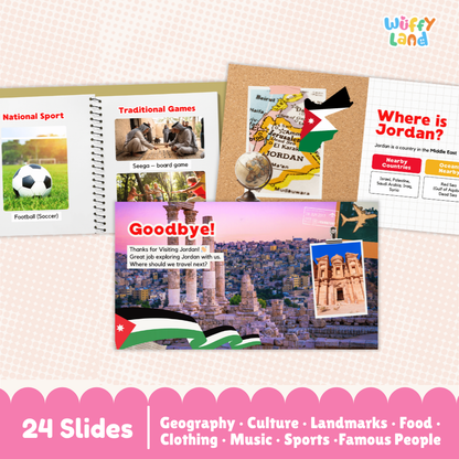A children's educational travel poster set about Jordan from the brand Wuffy Land, featuring 24 slides with colorful graphics, photos of Jordan landmarks, the Jordan flag, a map, and travel-themed collage layouts on a pink patterned background.