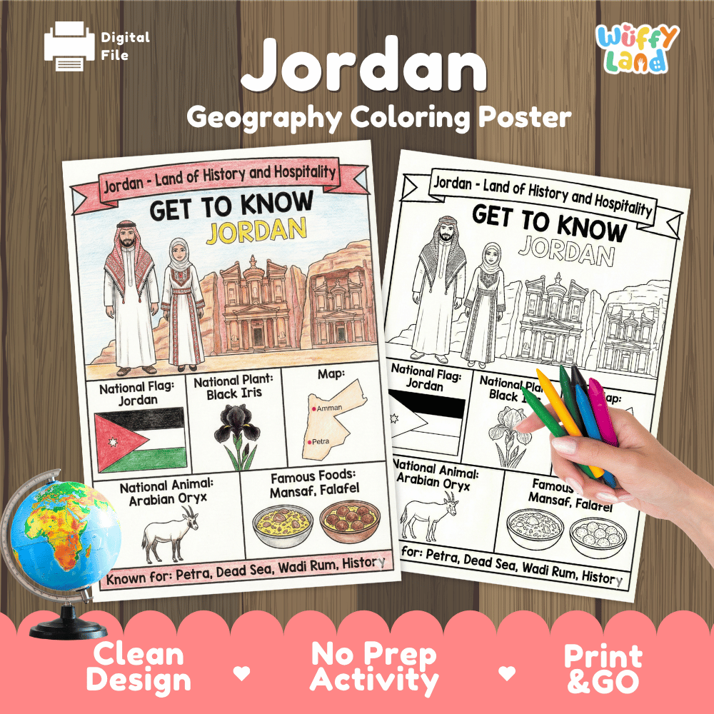 Jordan Geography Coloring Poster and Fact Sheet Printables