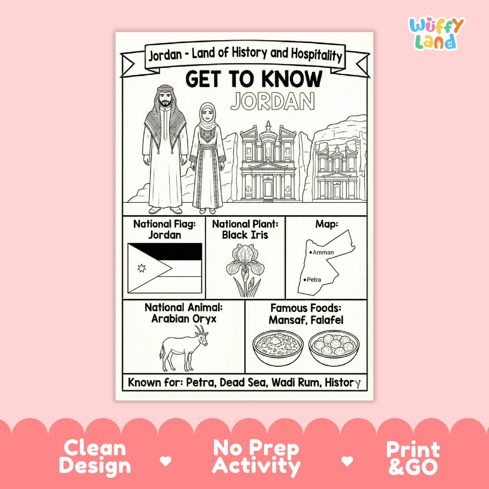 Jordan Geography Coloring Poster and Fact Sheet Printables