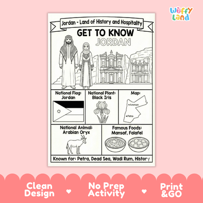Jordan Geography Coloring Poster and Fact Sheet Printables
