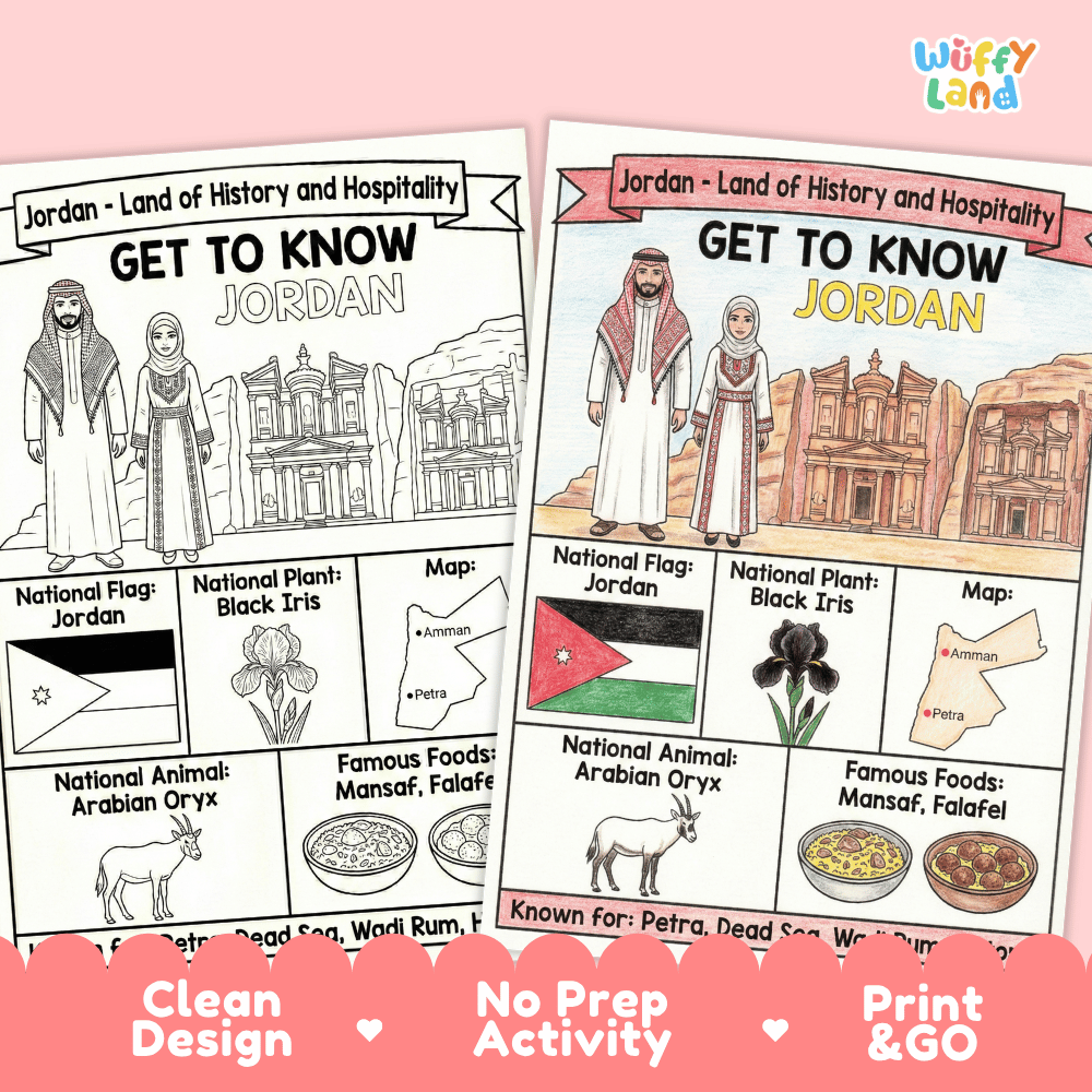 Jordan Geography Coloring Poster and Fact Sheet Printables