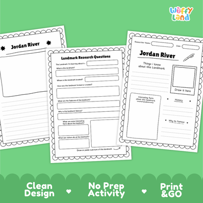 Three printable Jordan River landmark research activity sheets shown on a green background with marketing text at the bottom. The sheets are white with black printed text and border lines, and the brand name 'Wiffy Land' appears in the top right.