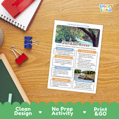 A printed Jordan River landmark research page laid on a wooden desk, surrounded by school supplies including a spiral notebook, red and blue binder clips, and a green chalkboard. The page has a tree photo at the top and text boxes about the Jordan River.
