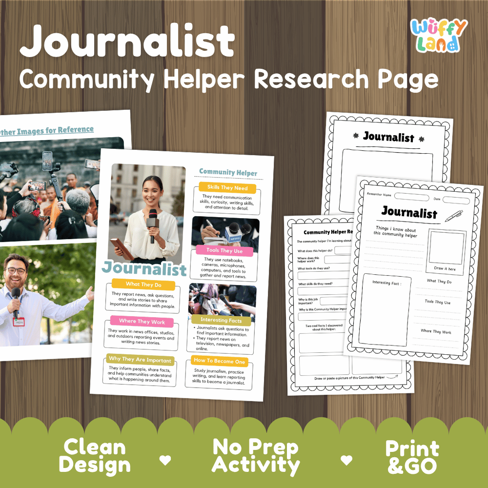 Journalist community helper research page writing worksheets pack featuring real photos and student activity pages for elementary social studies and literacy skills