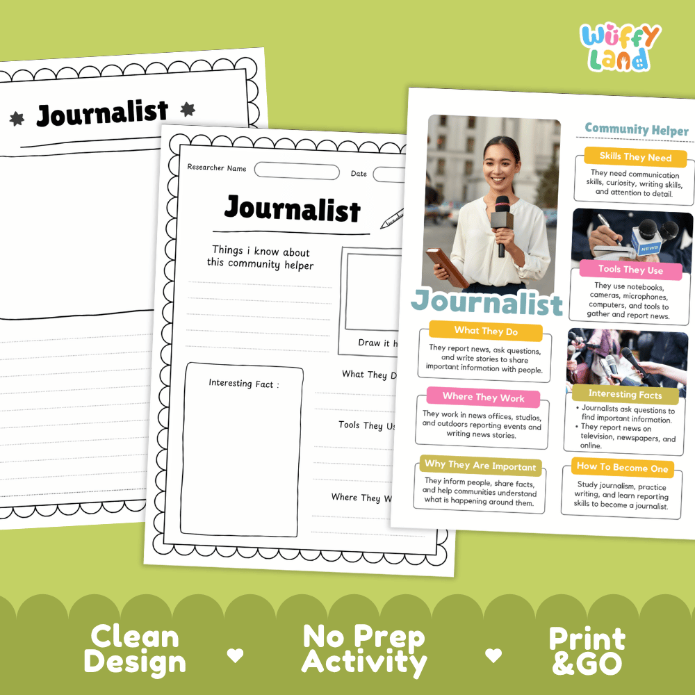 Educational reference poster with real photography showing journalist duties, microphones and notebooks, newsroom workplace, and career facts