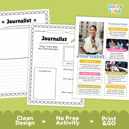Educational reference poster with real photography showing journalist duties, microphones and notebooks, newsroom workplace, and career facts
