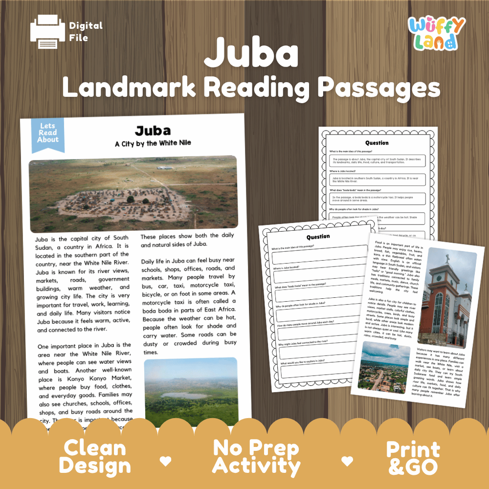 Juba landmark reading passage and comprehension worksheet educational unit featuring nonfiction text and authentic South Sudan White Nile photography