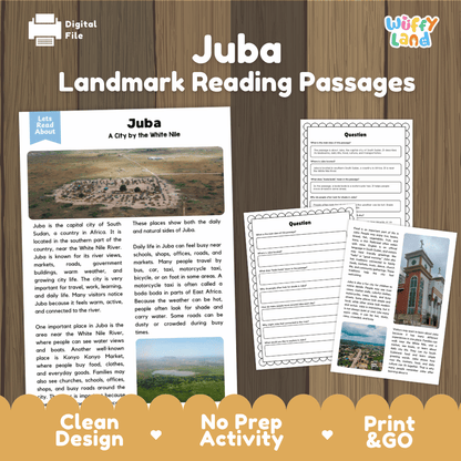 Juba landmark reading passage and comprehension worksheet educational unit featuring nonfiction text and authentic South Sudan White Nile photography