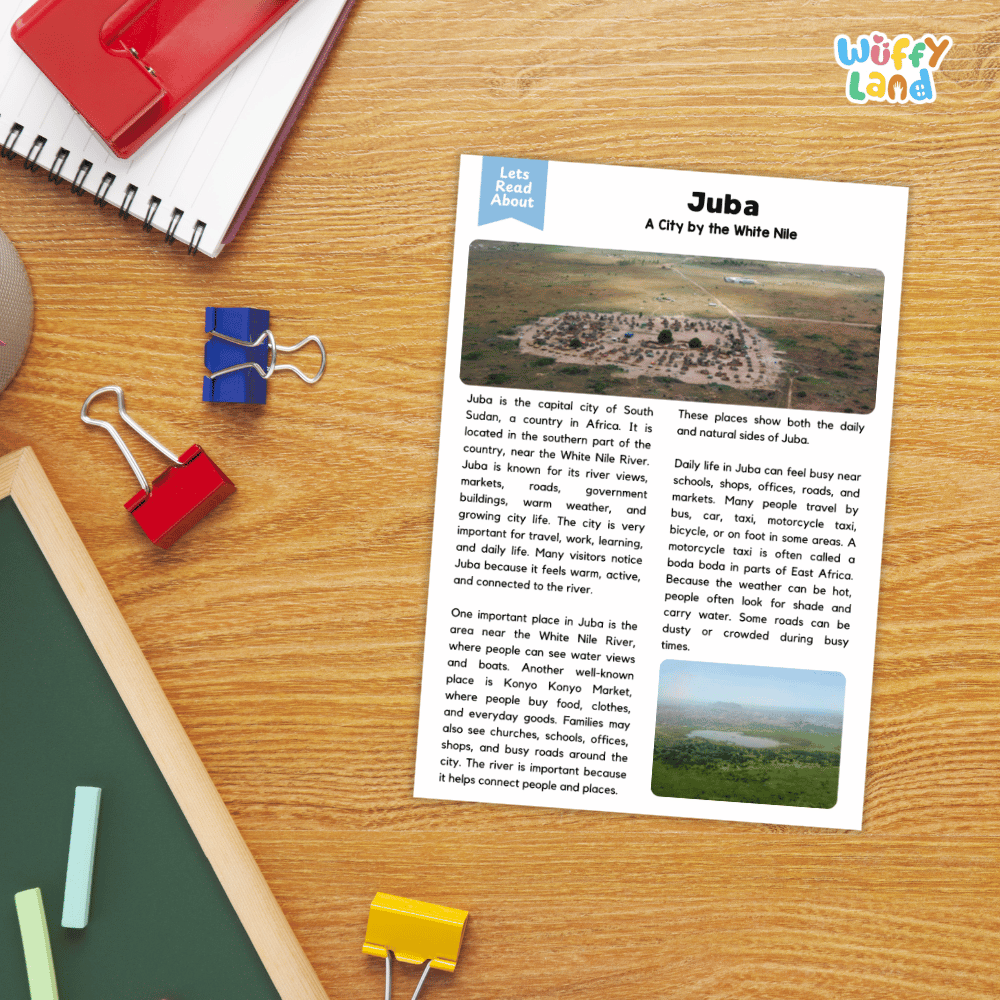 Lined reading comprehension question worksheet covering main ideas vocabulary terms and landmark facts about Juba South Sudan