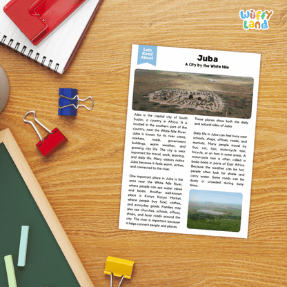 Lined reading comprehension question worksheet covering main ideas vocabulary terms and landmark facts about Juba South Sudan