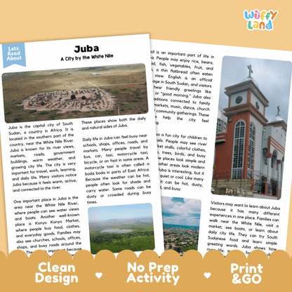 Reference sheet and answer key for Juba landmark reading passage displaying completed comprehension answers and East African geography facts