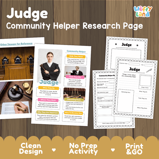 Judge community helper research page writing worksheets pack featuring real photos and student activity pages for elementary social studies