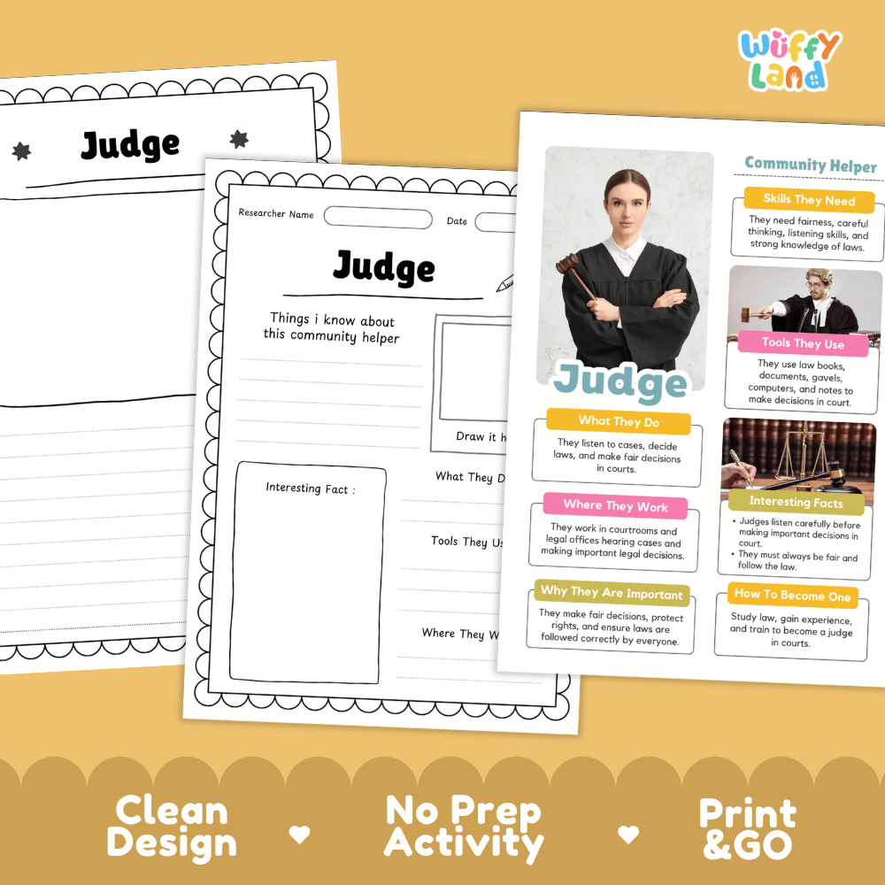 Educational reference poster with real photography showing judge duties, tools like gavels, workplace, and interesting facts