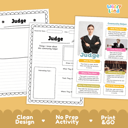 Educational reference poster with real photography showing judge duties, tools like gavels, workplace, and interesting facts