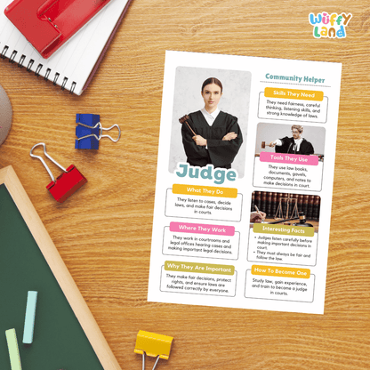 Guided student writing worksheets with lined sections for recording facts and a dedicated box for drawing or pasting a picture of a judge