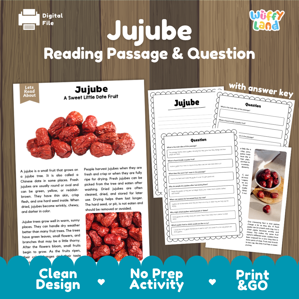 Jujube reading passage and worksheet activity sheet set by Wiffly Land, featuring a printed article about jujube fruit and several corresponding reading comprehension worksheets, shown on a wood-textured background with promotional text at the bottom.