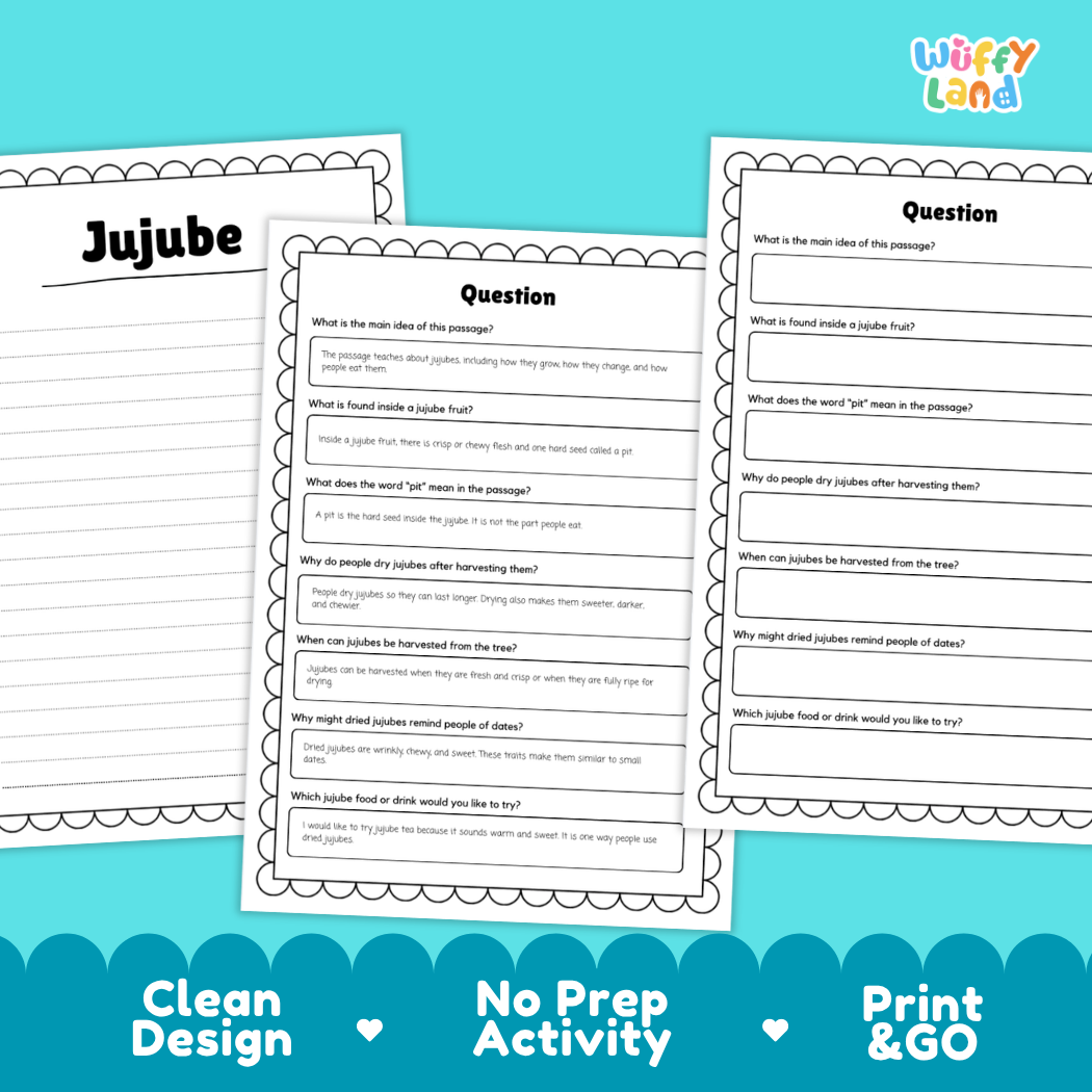 Three printable worksheet pages about jujube fruit displayed on a bright cyan background with decorative text reading 'Clean Design', 'No Prep Activity', and 'Print & GO'. The pages have black outlines and mostly white paper with printed text and blank lines for writing answers.