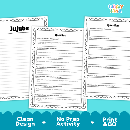 Three printable worksheet pages about jujube fruit displayed on a bright cyan background with decorative text reading 'Clean Design', 'No Prep Activity', and 'Print & GO'. The pages have black outlines and mostly white paper with printed text and blank lines for writing answers.