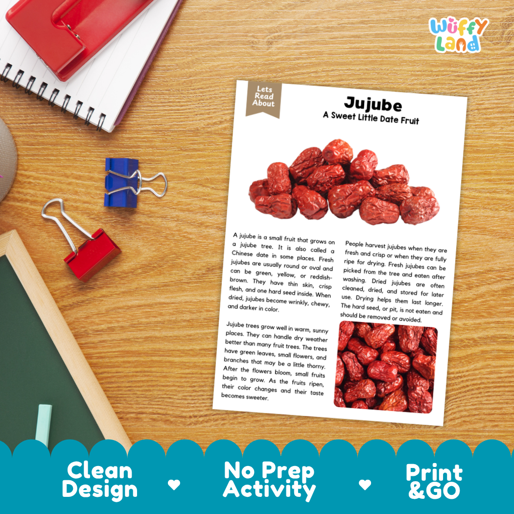 An educational activity sheet titled 'Jubebe: A Sweet Little Date Fruit' by Willy Land, displayed on a wooden desk with a red spiral notebook, binder clips, and a red apple. The sheet features text and photos of red jubebe fruits.