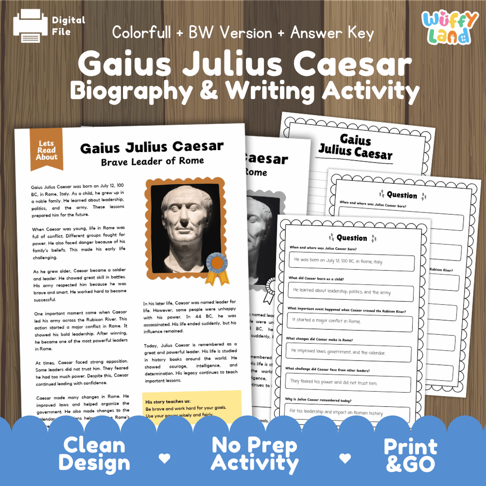 Gaius Julius Caesar biography and writing activity pack cover featuring reading passage sheets, questions, and answer keys