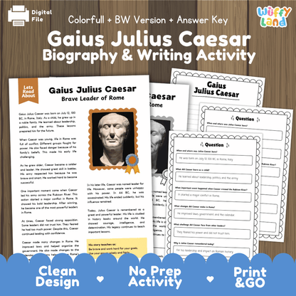 Gaius Julius Caesar biography and writing activity pack cover featuring reading passage sheets, questions, and answer keys