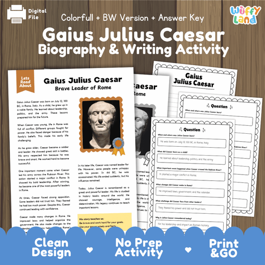 Gaius Julius Caesar biography and writing activity pack cover featuring reading passage sheets, questions, and answer keys