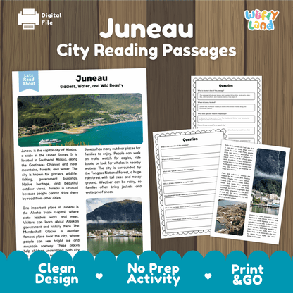 Juneau city reading passages and comprehension worksheet educational unit featuring nonfiction text and authentic Juneau Alaska coastal waterways and mountain photography