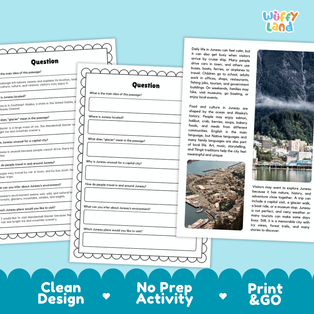 Lined reading comprehension question worksheet covering main ideas vocabulary terms glacier facts and maritime travel in Juneau Alaska