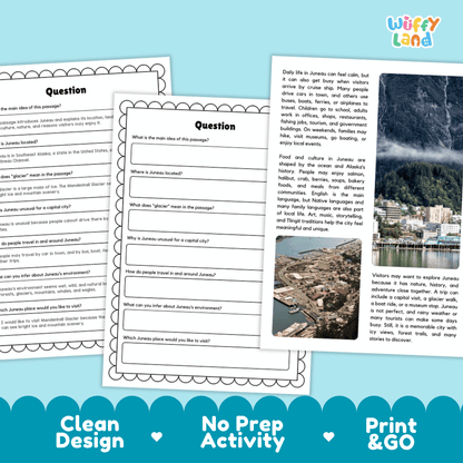 Lined reading comprehension question worksheet covering main ideas vocabulary terms glacier facts and maritime travel in Juneau Alaska