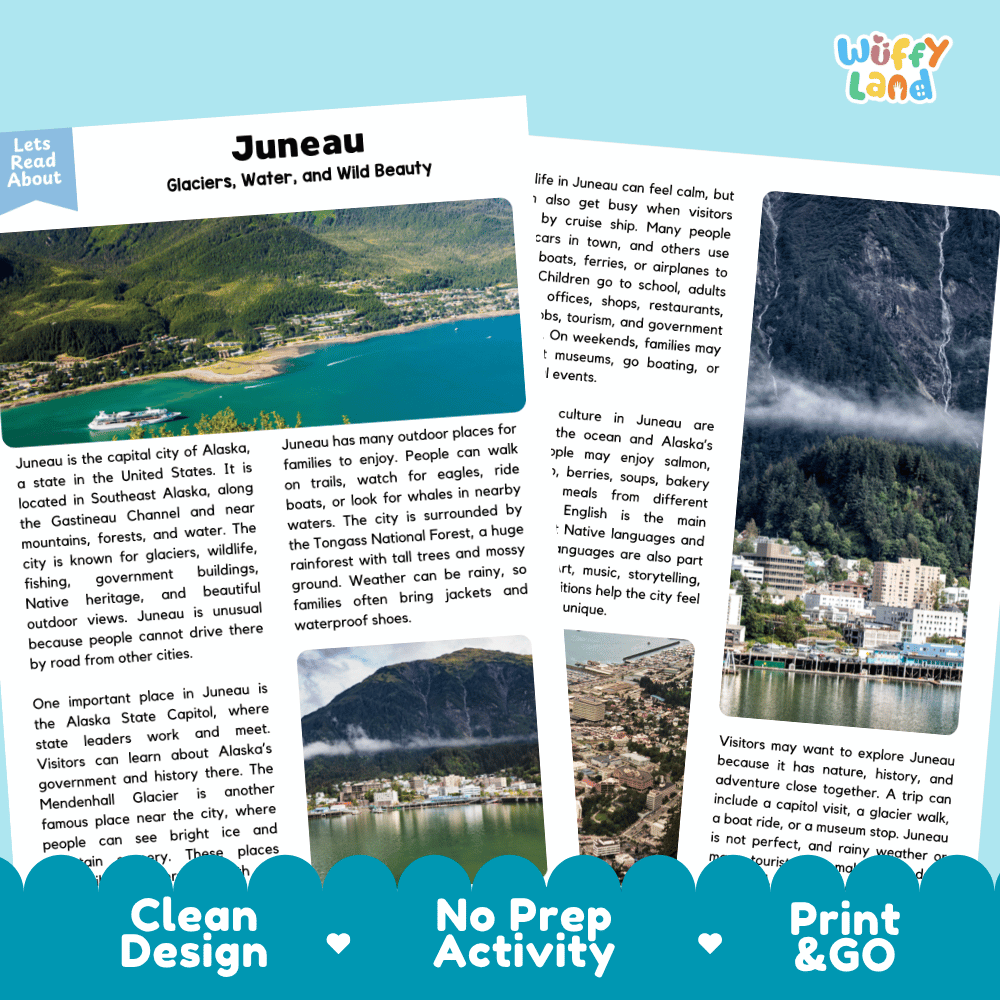 Reference sheet and answer key for Juneau landmark reading passage displaying completed comprehension answers and United States geography facts