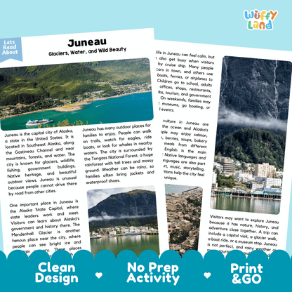 Reference sheet and answer key for Juneau landmark reading passage displaying completed comprehension answers and United States geography facts