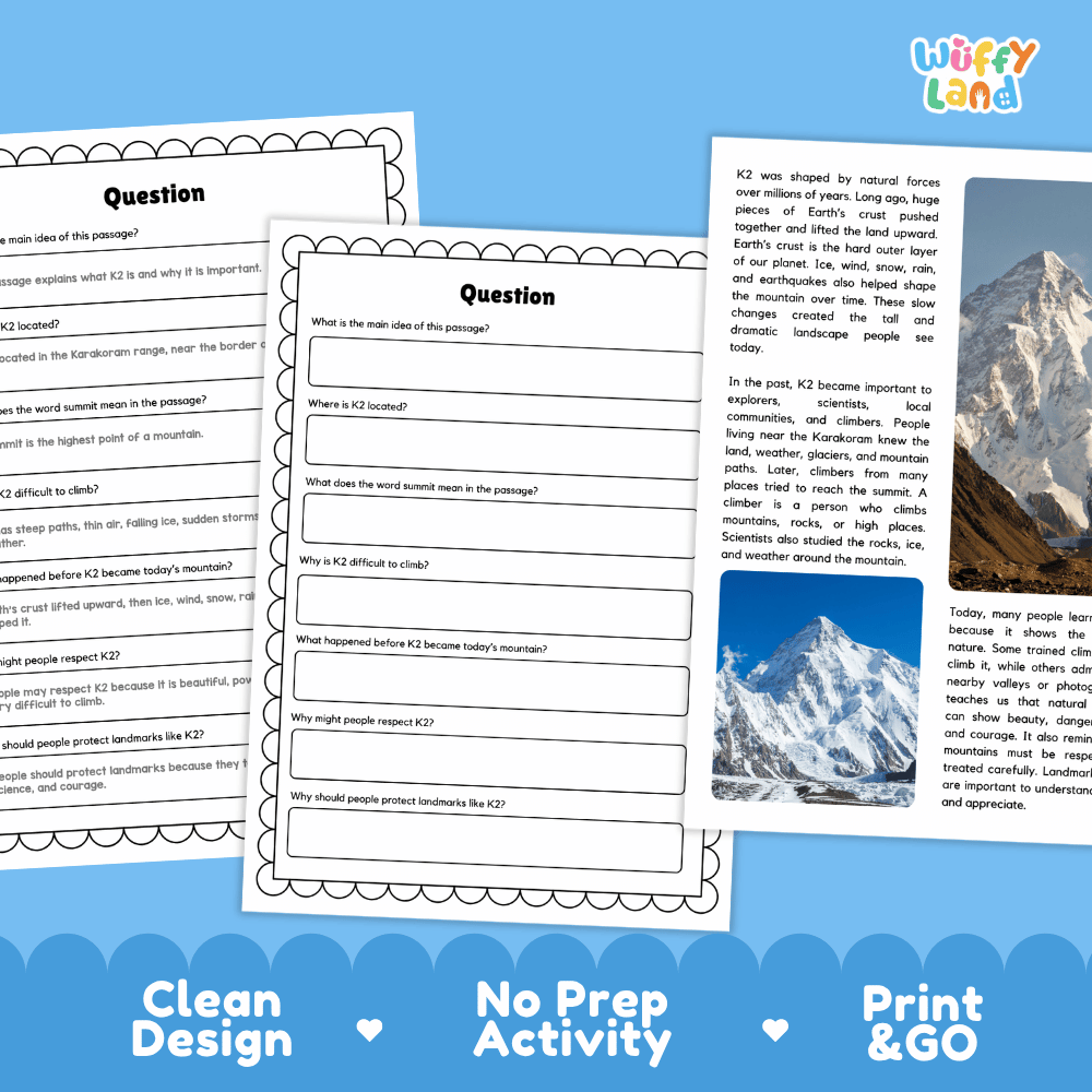 K2 Landmark Reading Passages and Comprehension Worksheets
