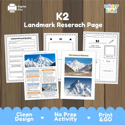 K2 Landmark Research Page activity sheet set by Wiffy Land, displayed on a wood-grain background with a blue banner at the bottom highlighting key features like clean design, no prep activity, and print & go.