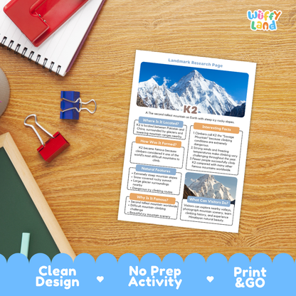A printed K2 landscape research page activity sheet laid on a wooden desk, surrounded by school supplies including a spiral notebook, binder clips, and a red folder. The sheet features a large K2 mountain photo and text sections for a landmark research page.