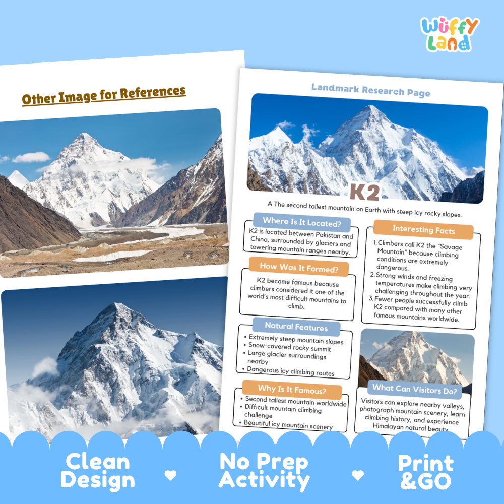 A promotional graphic for a K2 landmark research page activity sheet. The sheet shows a landscape photo of snow-capped mountains and informational text boxes about K2, with the header 'Landmark Research Page' and the brand name 'Wiffy Land' visible.