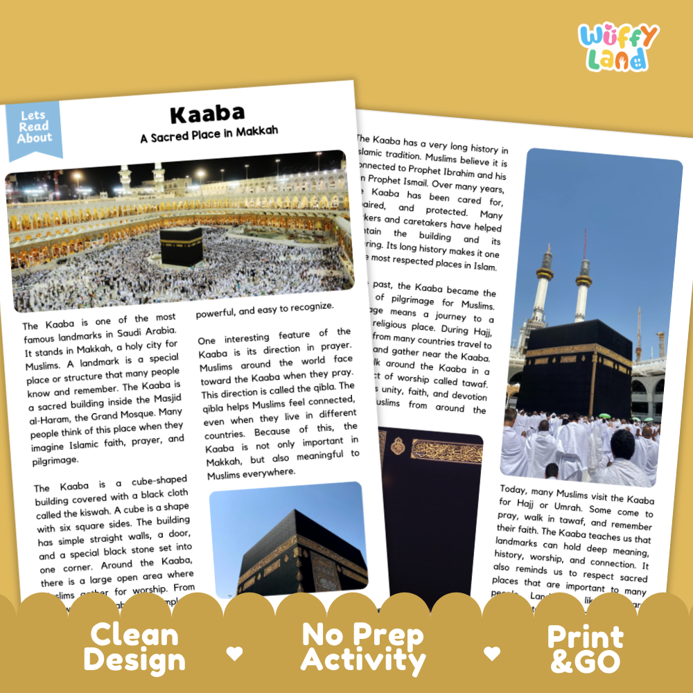 Two printed educational activity cards about the Kaaba in Mecca, laid flat on a white background with decorative text reading 'Clean Design', 'No Prep Activity', and 'Print & Go'. The cards show a mosque interior photo, a labeled diagram of the Kaaba, and a mosque exterior photo.
